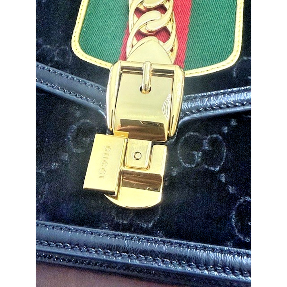 Gucci Black Gold GG Monogram Velvet Sylvie Small Shoulder Crossbody Bag GORGEOUS - Picture 14 of 16